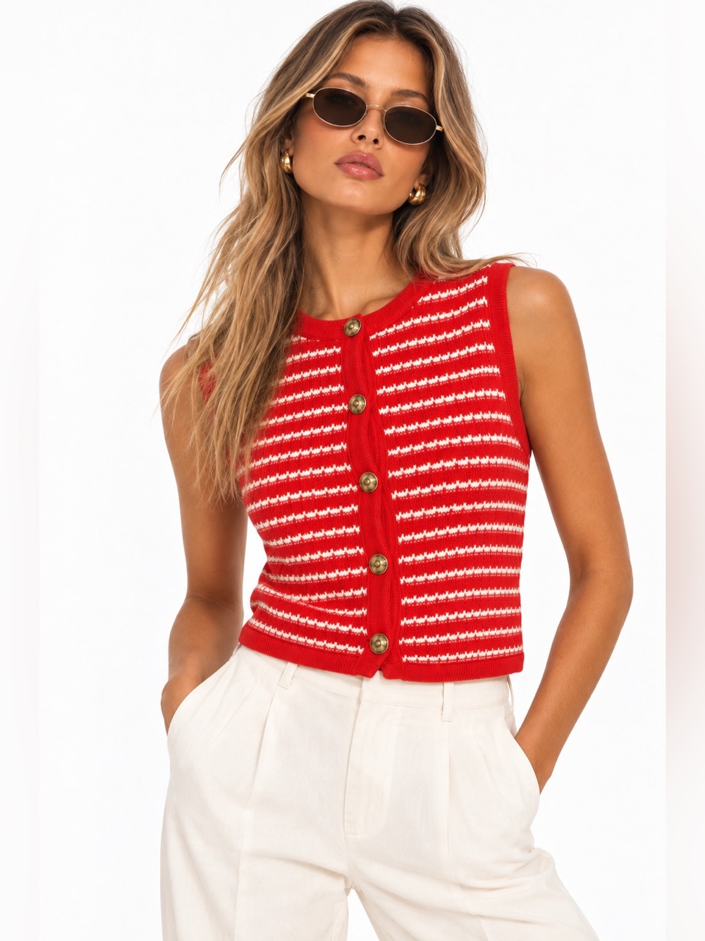 NWT Zara Red Striped Knit Button-Front Sleeveless Top